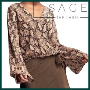 Sage The Label Brown/Cream Snakeskin Print Bell Sleeve Wrap Blouse (L)